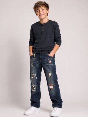 Agile Jeans Dark Acid Wash Distressed Patched Straight Leg Jeans Boys 20 NWOT